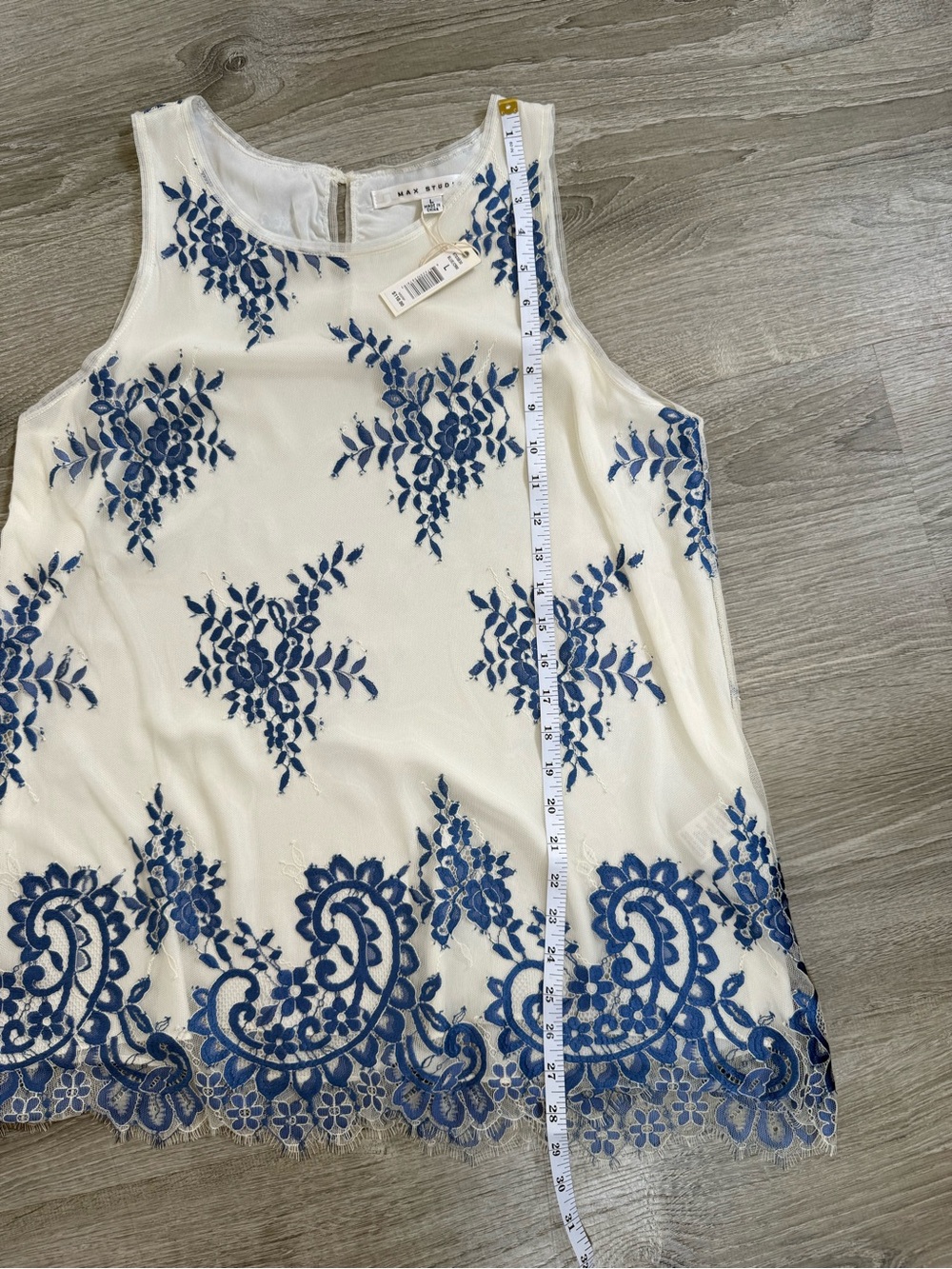 Max Studio Lace Cream Tank with Blue Floral Embroidery - Dressy - Picture 6 of 6